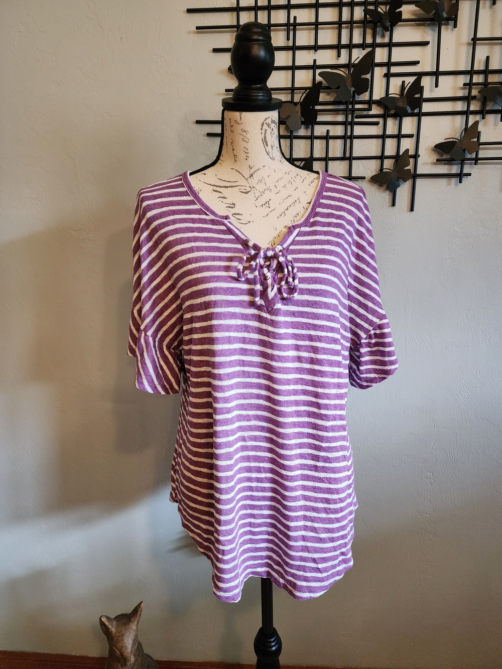 Lane Bryant Purple and White Striped Lace Up Short Sleeve Top